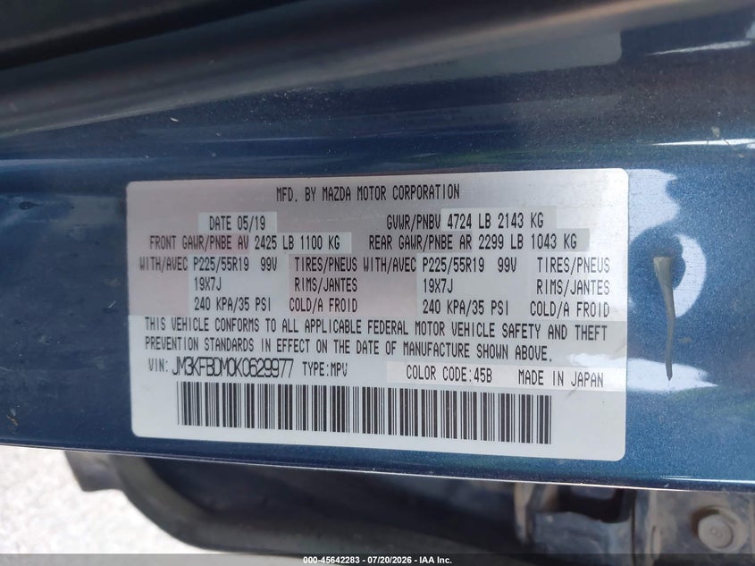 2019 Mazda Cx-5 Grand Touring VIN: JM3KFBDM0K0629977 Lot: 45642283