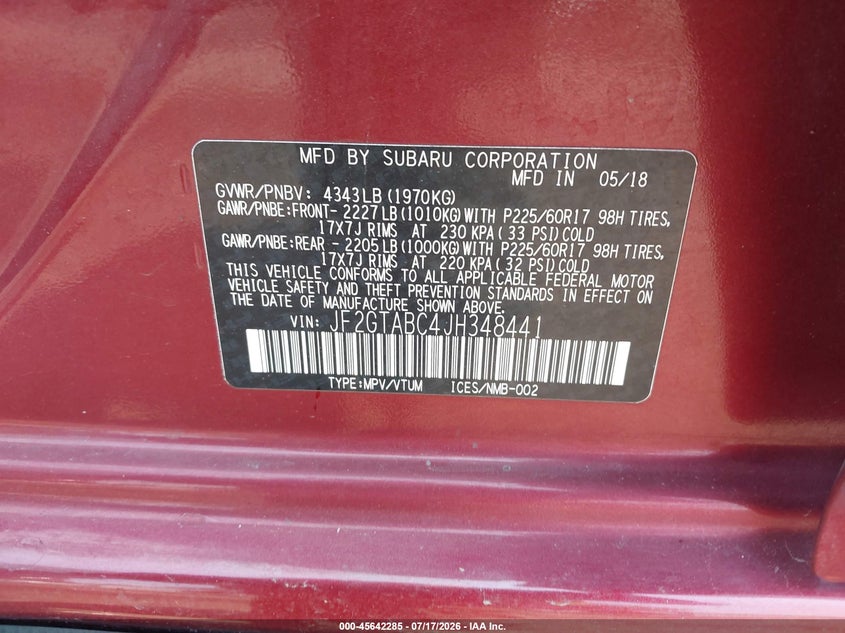 2018 Subaru Crosstrek 2.0I Premium VIN: JF2GTABC4JH348441 Lot: 45642285
