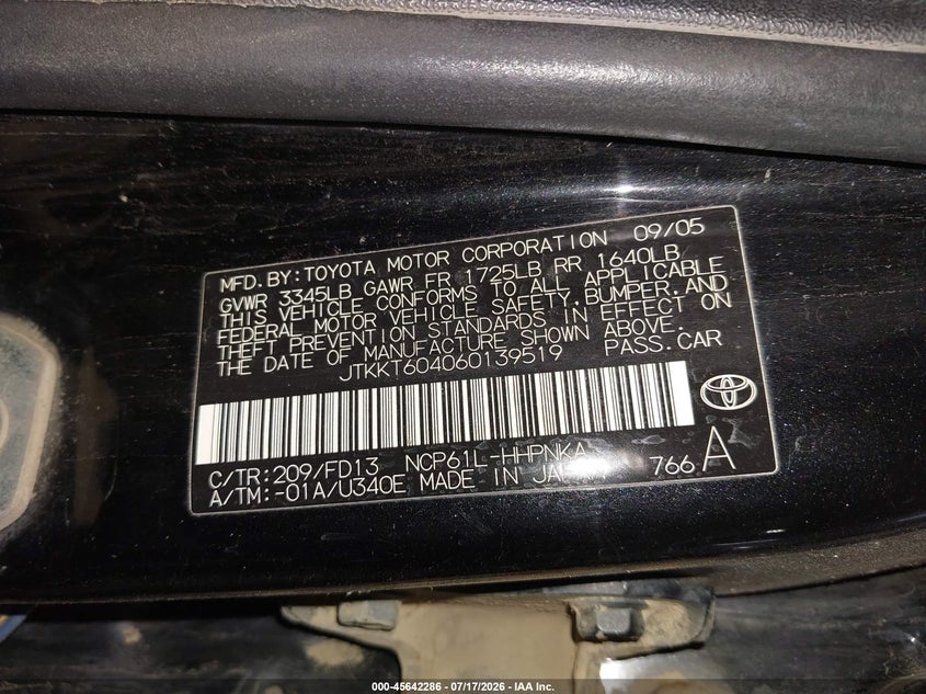 2006 Scion Xa VIN: JTKKT604060139519 Lot: 45642286