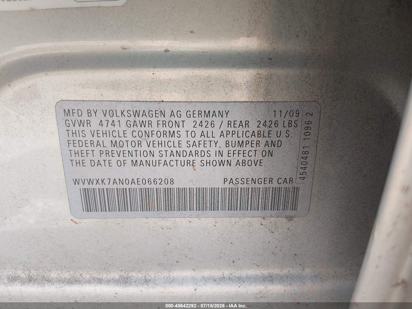 2010 Volkswagen Passat Komfort VIN: WVWXK7AN0AE066208 Lot: 45642292