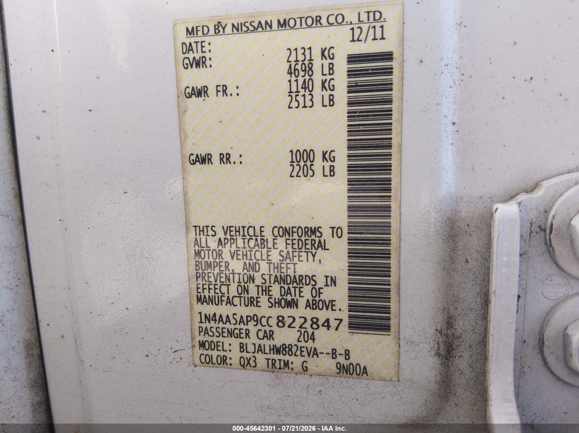 2012 Nissan Maxima 3.5 Sv VIN: 1N4AA5AP9CC822847 Lot: 45642301
