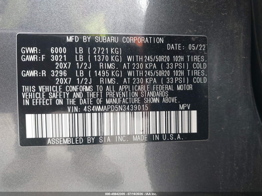 2022 Subaru Ascent Limited VIN: 4S4WMAPD5N3439015 Lot: 45642309