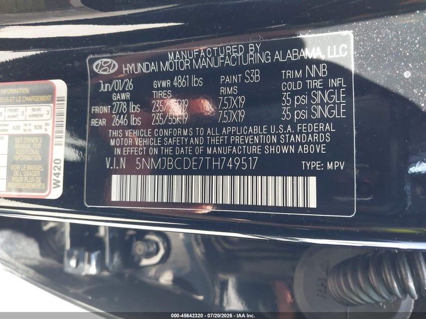 2026 Hyundai Tucson Sel Plus VIN: 5NMJBCDE7TH749517 Lot: 45642320