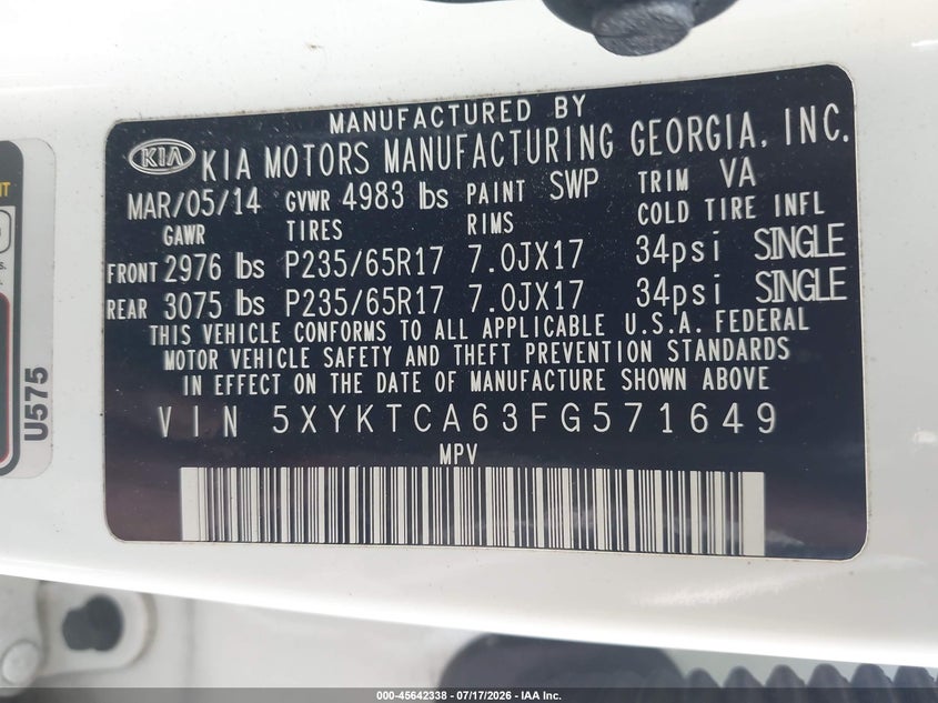 2015 Kia Sorento Lx VIN: 5XYKTCA63FG571649 Lot: 45642338