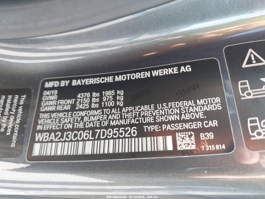 2020 BMW 230I xDrive VIN: WBA2J3C06L7D95526 Lot: 45642348