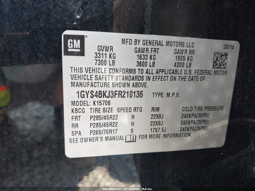 2015 Cadillac Escalade Luxury VIN: 1GYS4BKJ3FR210136 Lot: 45642361