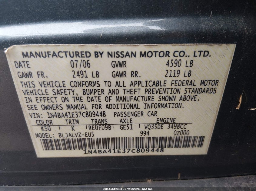 2007 Nissan Maxima 3.5 Se VIN: 1N4BA41E37C809448 Lot: 45642363
