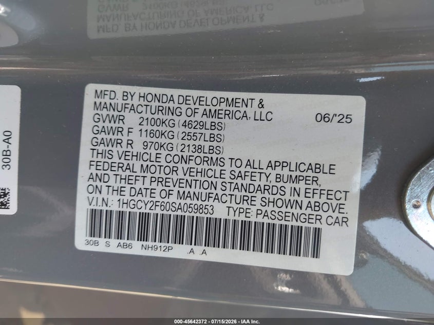HONDA ACCORD HYBRID 2025 VIN 1HGCY2F60SA059853