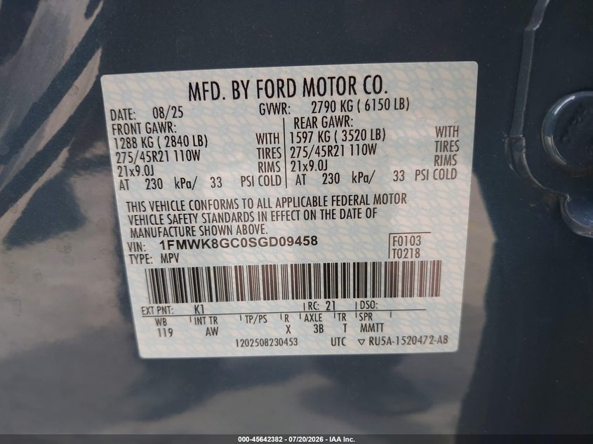 2025 Ford Explorer St VIN: 1FMWK8GC0SGD09458 Lot: 45642382