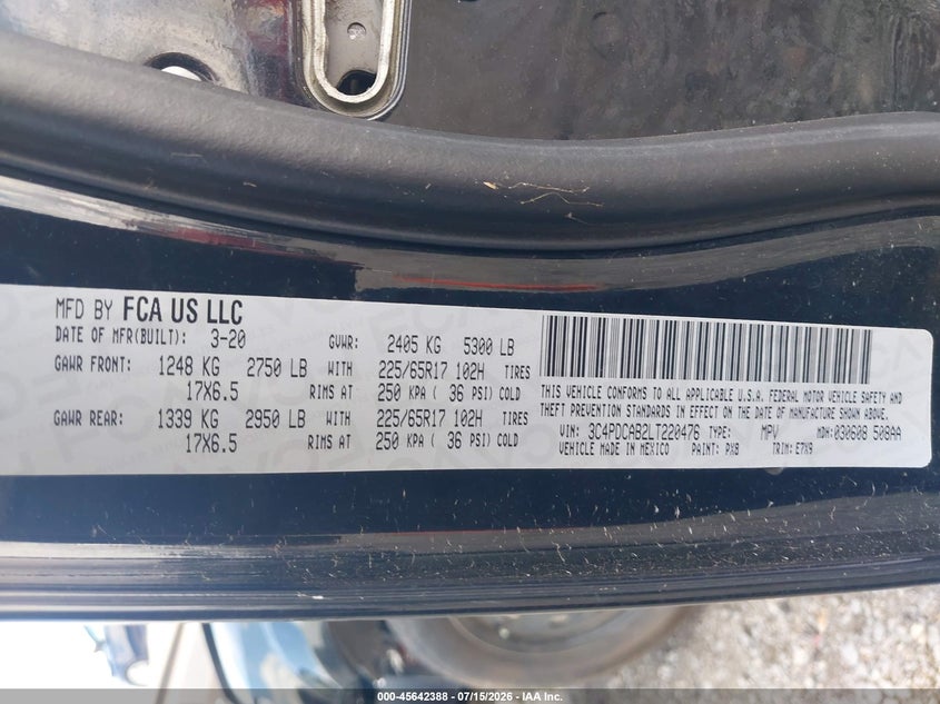 2020 Dodge Journey Se Value VIN: 3C4PDCAB2LT220476 Lot: 45642388
