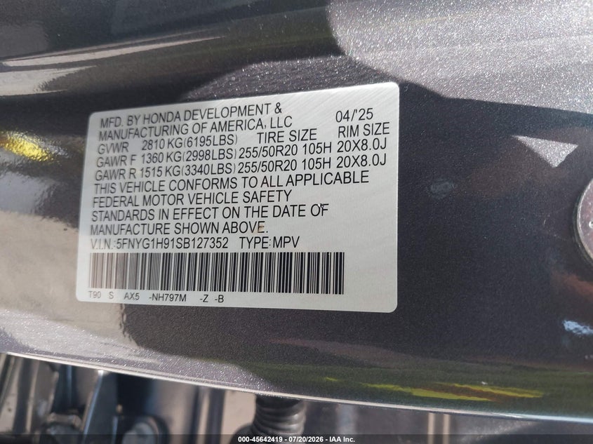 2025 Honda Pilot Black Edition VIN: 5FNYG1H91SB127352 Lot: 45642419