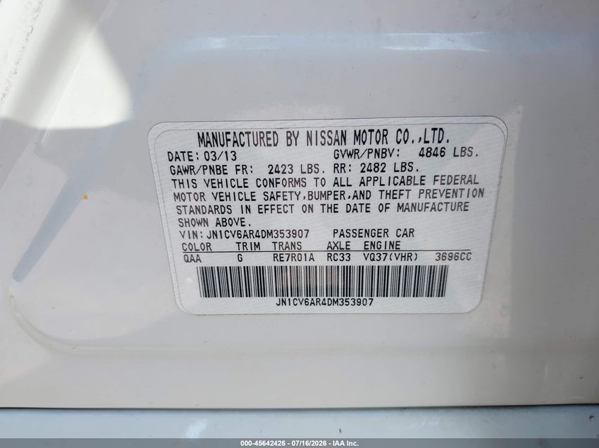 2013 Infiniti G37X VIN: JN1CV6AR4DM353907 Lot: 45642426