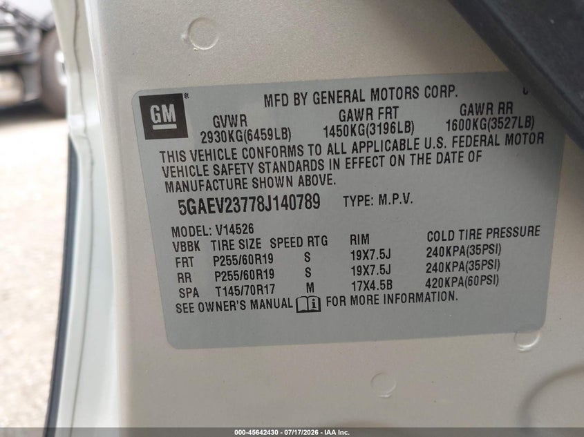 2008 Buick Enclave Cxl VIN: 5GAEV23778J140789 Lot: 45642430