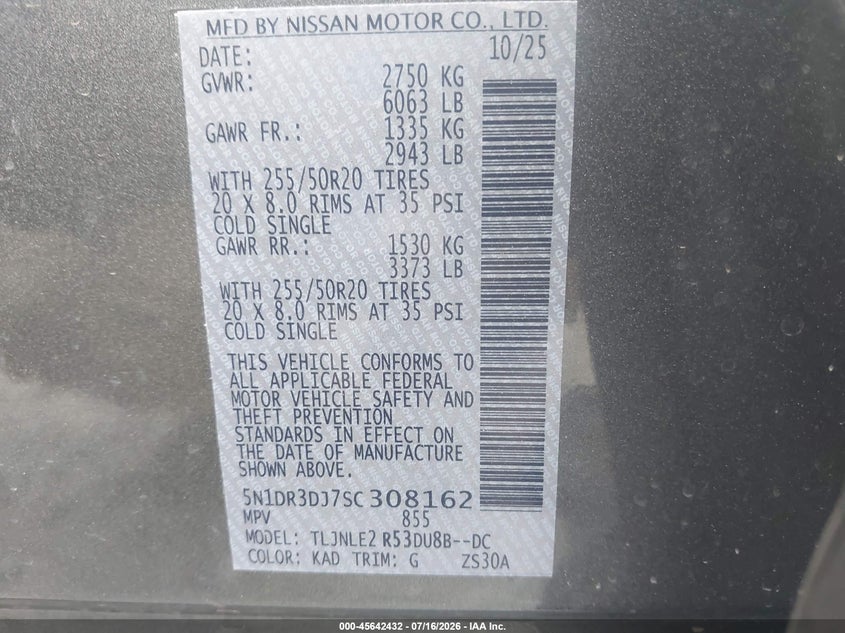 NISSAN PATHFINDER 2025 VIN 5N1DR3DJ7SC308162