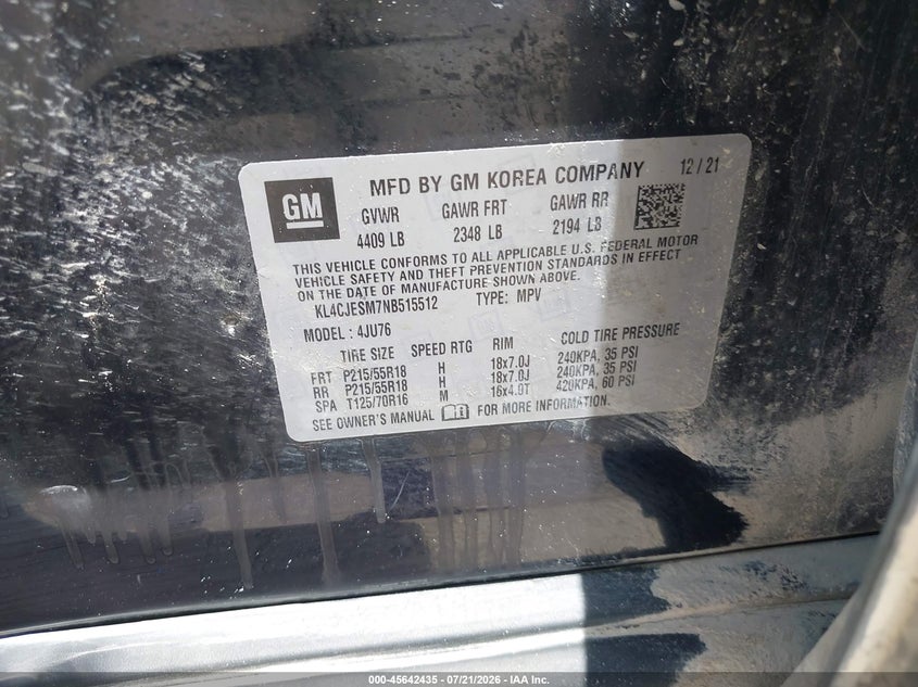 2022 Buick Encore Awd Preferred VIN: KL4CJESM7NB515512 Lot: 45642435