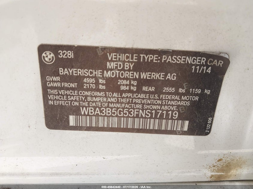 2015 BMW 328I xDrive VIN: WBA3B5G53FNS17119 Lot: 45642440