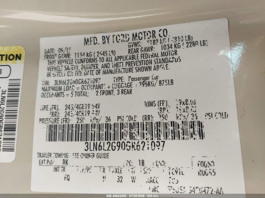 2016 Lincoln Mkz VIN: 3LN6L2G90GR621097 Lot: 45642480
