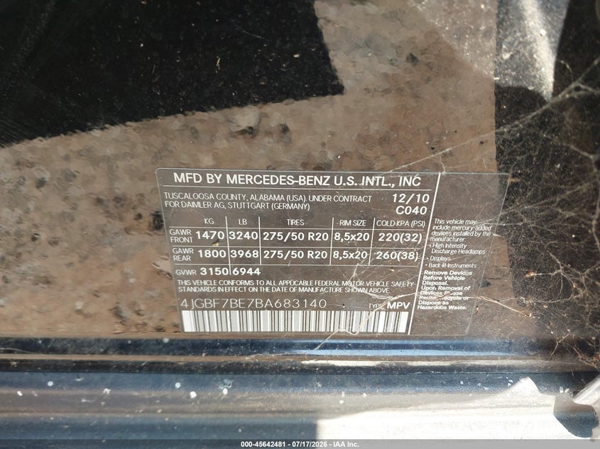 2011 Mercedes-Benz Gl 450 4Matic VIN: 4JGBF7BE7BA683140 Lot: 45642481