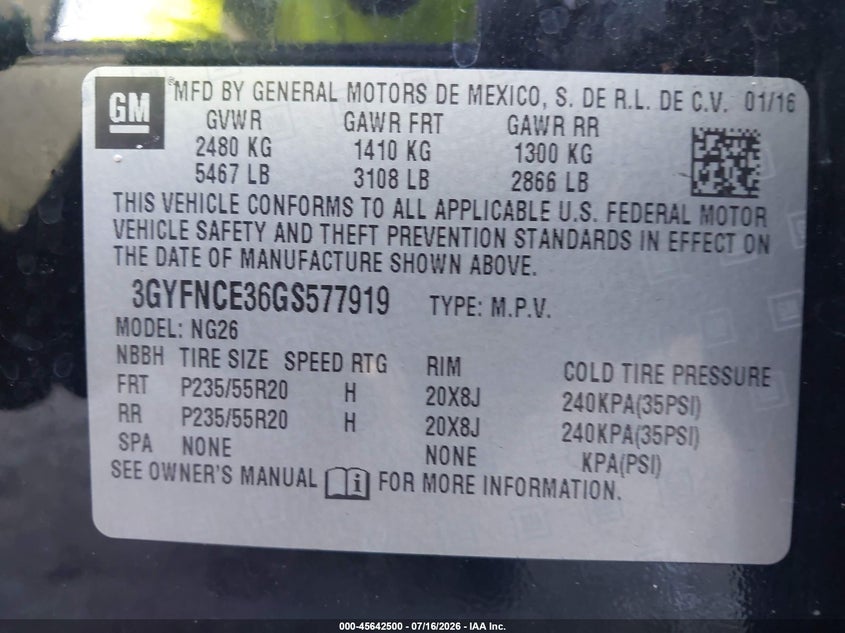 2016 Cadillac Srx Performance Collection VIN: 3GYFNCE36GS577919 Lot: 45642500