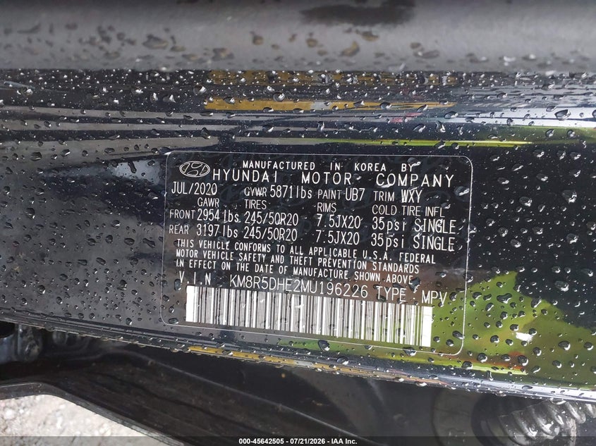 2021 Hyundai Palisade Limited VIN: KM8R5DHE2MU196226 Lot: 45642505