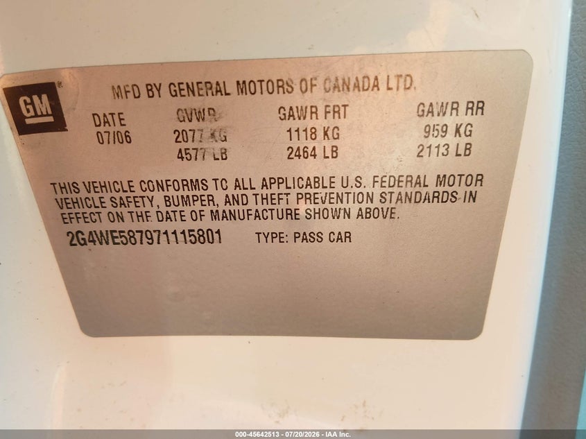 2007 Buick Lacrosse Cxs VIN: 2G4WE587971115801 Lot: 45642513