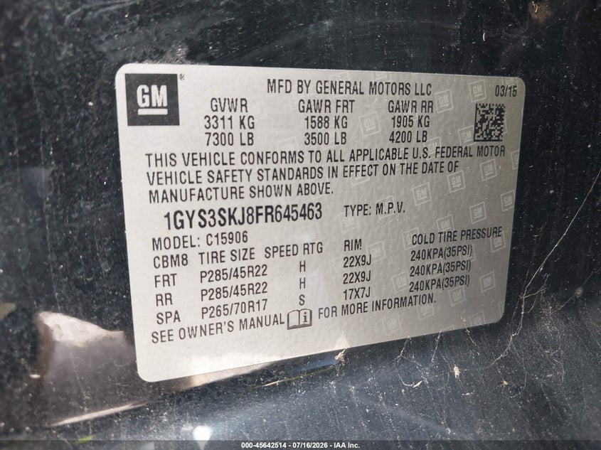 2015 Cadillac Escalade Esv Luxury VIN: 1GYS3SKJ8FR645463 Lot: 45642514