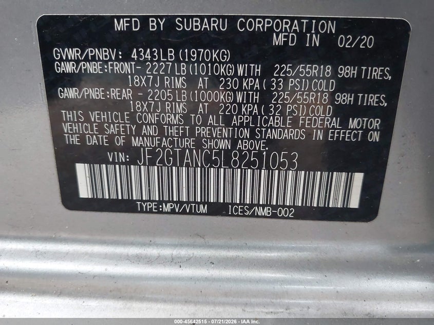 2020 Subaru Crosstrek Limited VIN: JF2GTANC5L8251053 Lot: 45642515