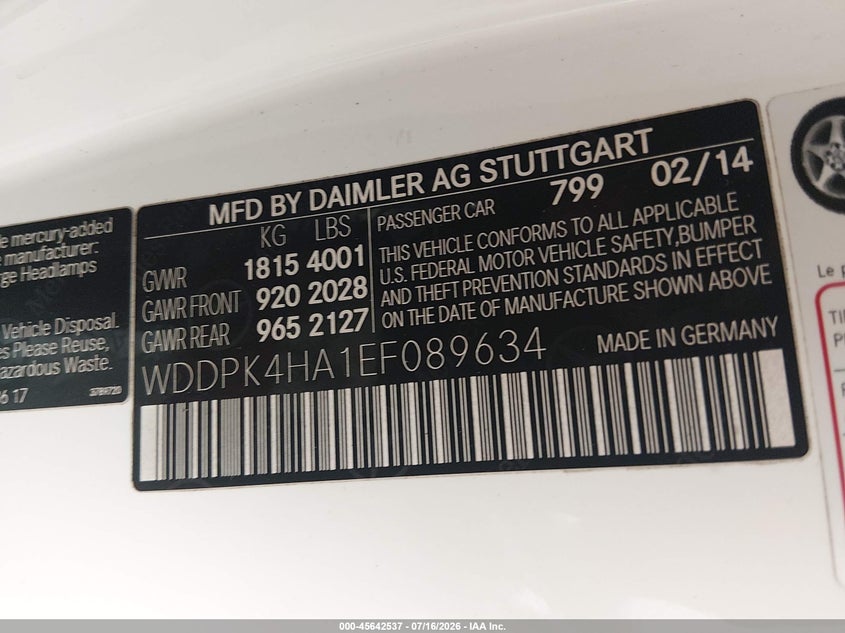 2014 Mercedes-Benz Slk 250 VIN: WDDPK4HA1EF089634 Lot: 45642537