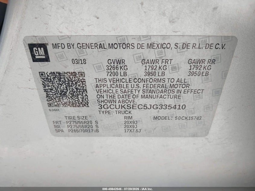 2018 Chevrolet Silverado 1500 2Lz VIN: 3GCUKSEC5JG335410 Lot: 45642546