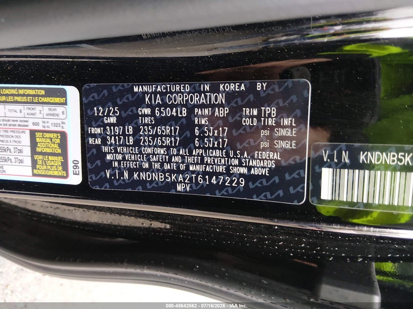 2026 Kia Carnival Mpv Hybrid Lxs VIN: KNDNB5KA2T6147229 Lot: 45642562