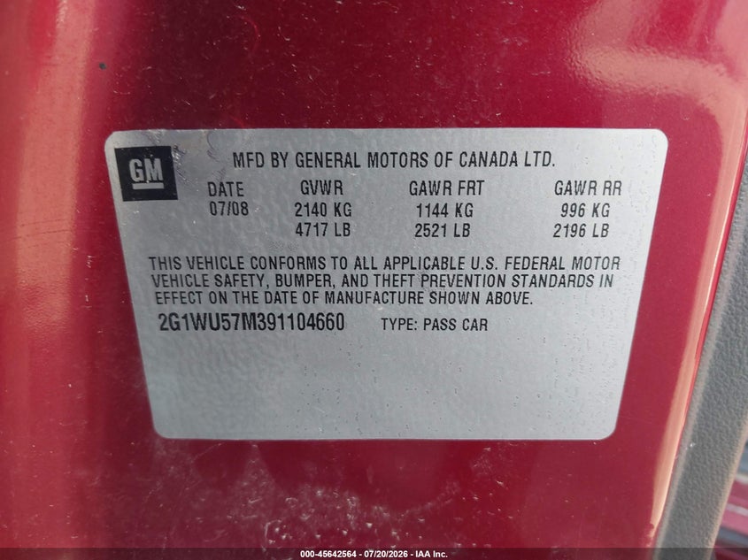 2009 Chevrolet Impala Ltz VIN: 2G1WU57M391104660 Lot: 45642564