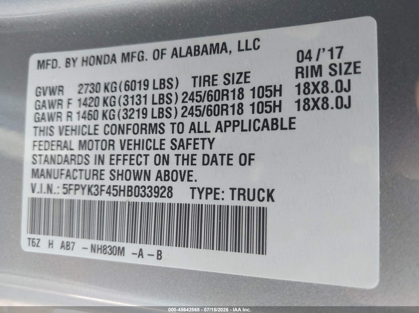 2017 Honda Ridgeline Rts VIN: 5FPYK3F45HB033928 Lot: 45642568
