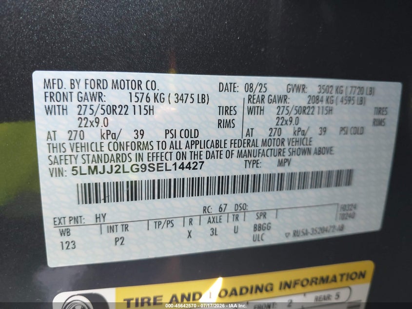 2025 Lincoln Navigator Reserve VIN: 5LMJJ2LG9SEL14427 Lot: 45642570