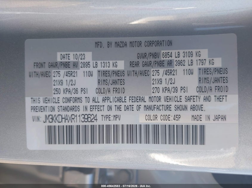 2024 Mazda Cx-90 Phev Premium VIN: JM3KKDHAXR1139624 Lot: 45642583
