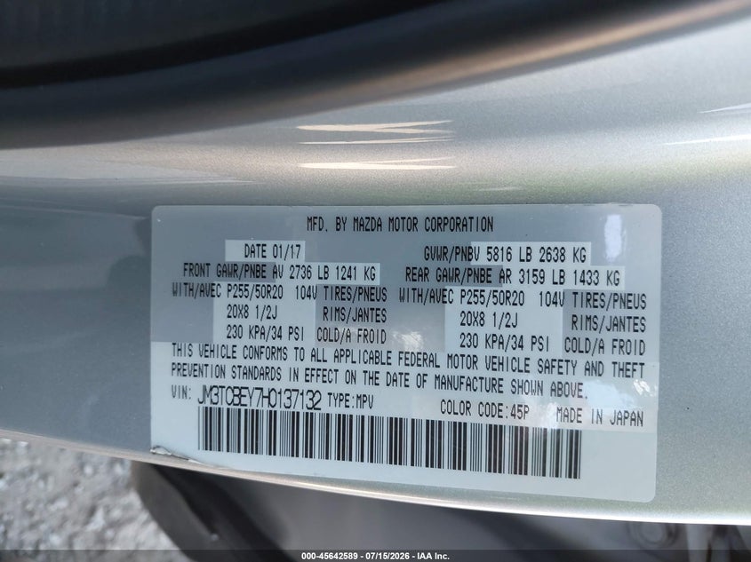2017 Mazda Cx-9 Signature VIN: JM3TCBEY7H0137132 Lot: 45642589