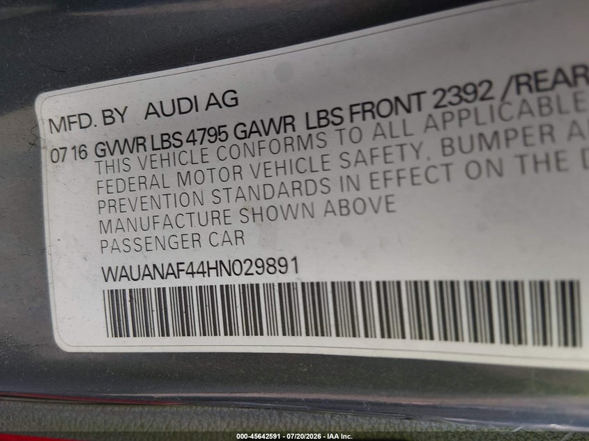 2017 Audi A4 Premium VIN: WAUANAF44HN029891 Lot: 45642591