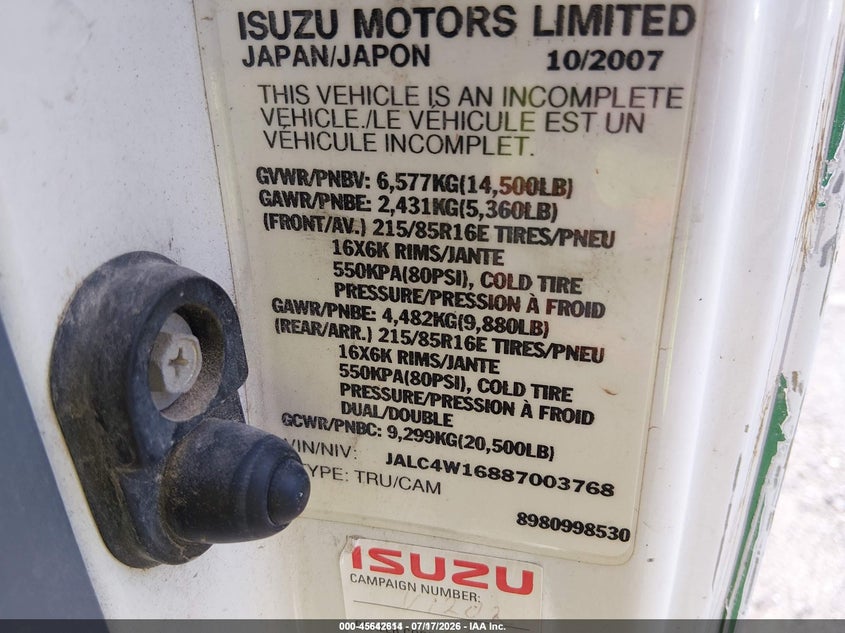 2008 Isuzu Dsl Reg VIN: JALC4W16887003768 Lot: 45642614