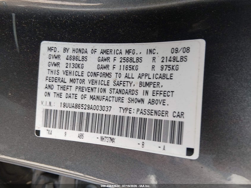 2009 Acura Tl 3.5 VIN: 19UUA86529A003037 Lot: 45642624