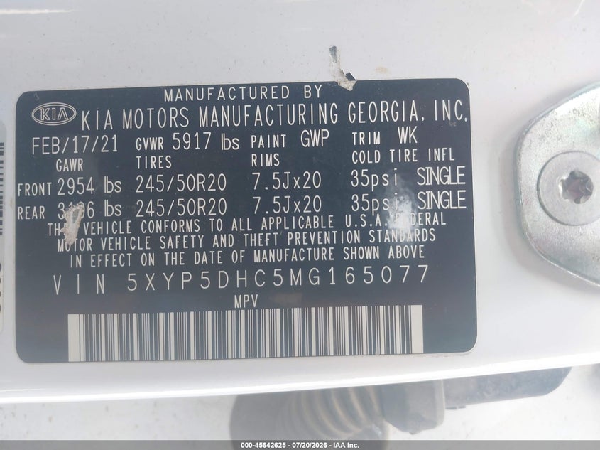 2021 Kia Telluride Sx VIN: 5XYP5DHC5MG165077 Lot: 45642625