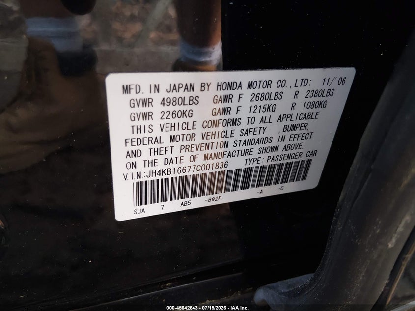 2007 Acura Rl 3.5 VIN: JH4KB16677C001836 Lot: 45642643