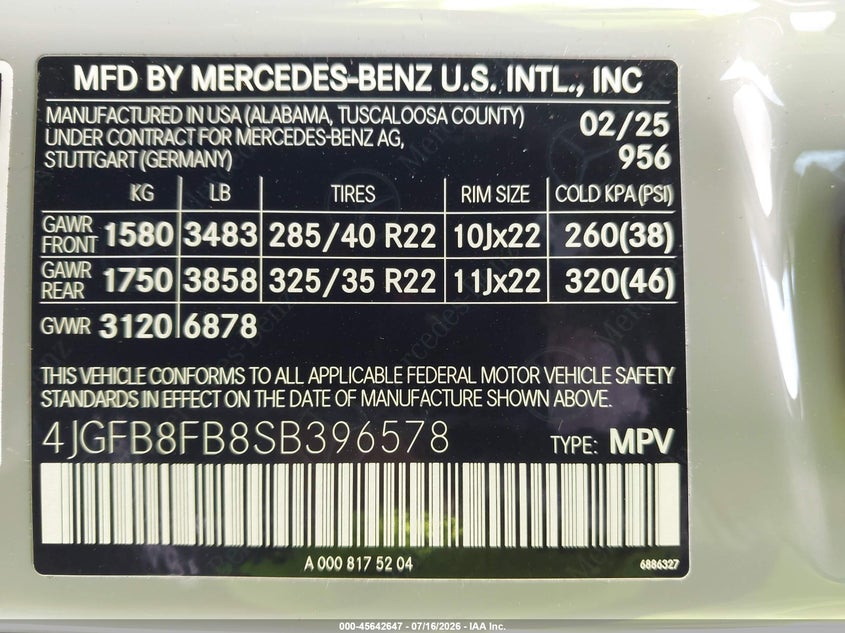 2025 Mercedes-Benz Gle 580 4Matic VIN: 4JGFB8FB8SB396578 Lot: 45642647