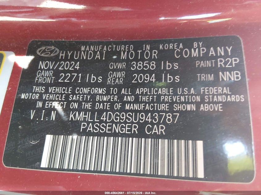 HYUNDAI ELANTRA 2025 VIN KMHLL4DG9SU943787
