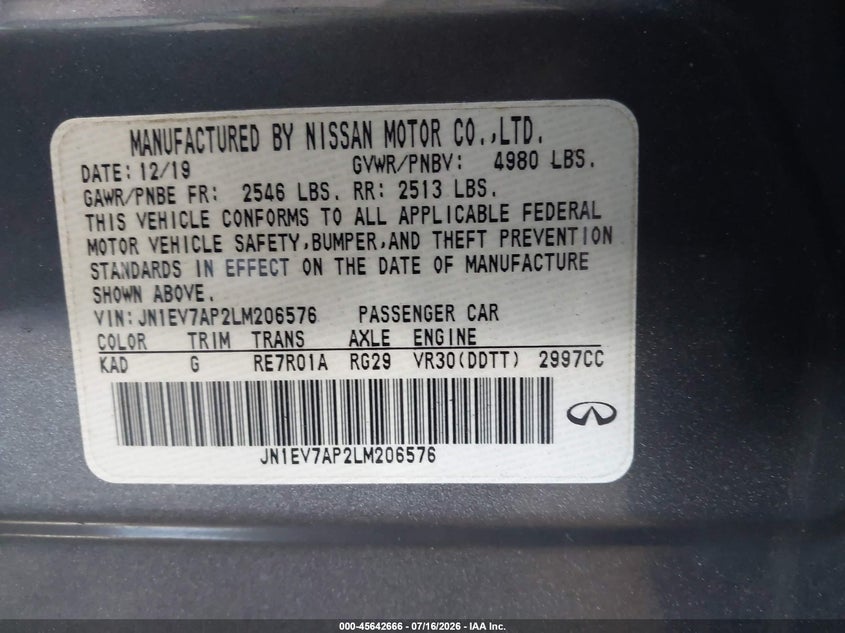 2020 Infiniti Q50 Luxe VIN: JN1EV7AP2LM206576 Lot: 45642666
