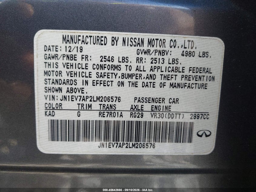 INFINITI Q50 2020 VIN JN1EV7AP2LM206576