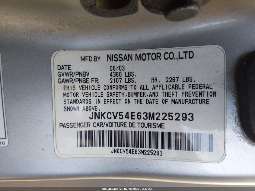 2003 Infiniti G35 Base W/Leather VIN: JNKCV54E63M225293 Lot: 45642672