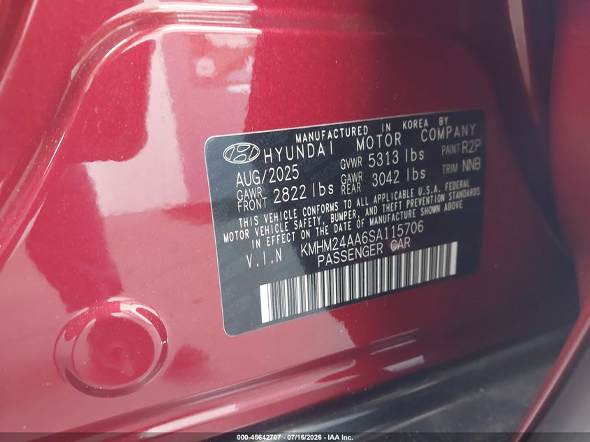 2025 Hyundai Ioniq 6 Se VIN: KMHM24AA6SA115706 Lot: 45642707
