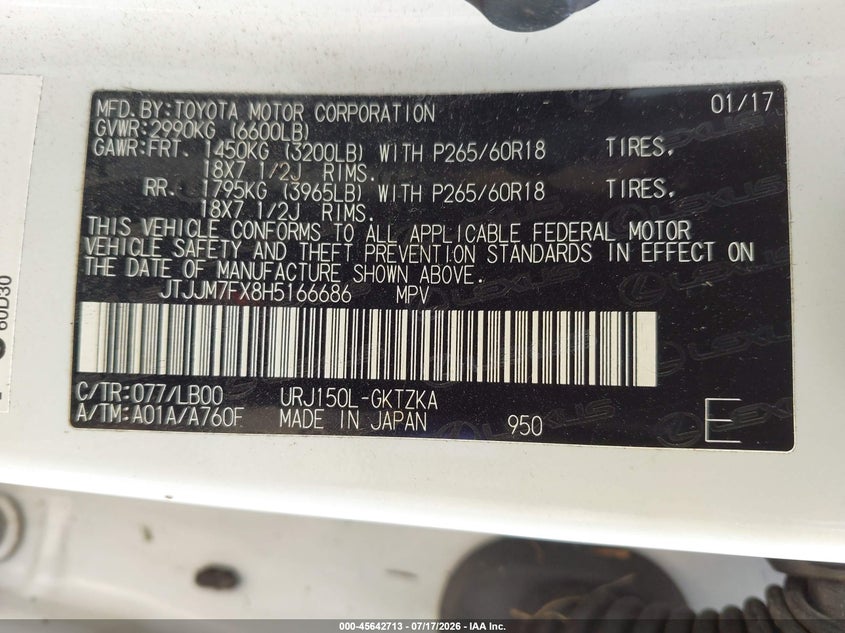 2017 Lexus Gx 460 Luxury VIN: JTJJM7FX8H5166686 Lot: 45642713