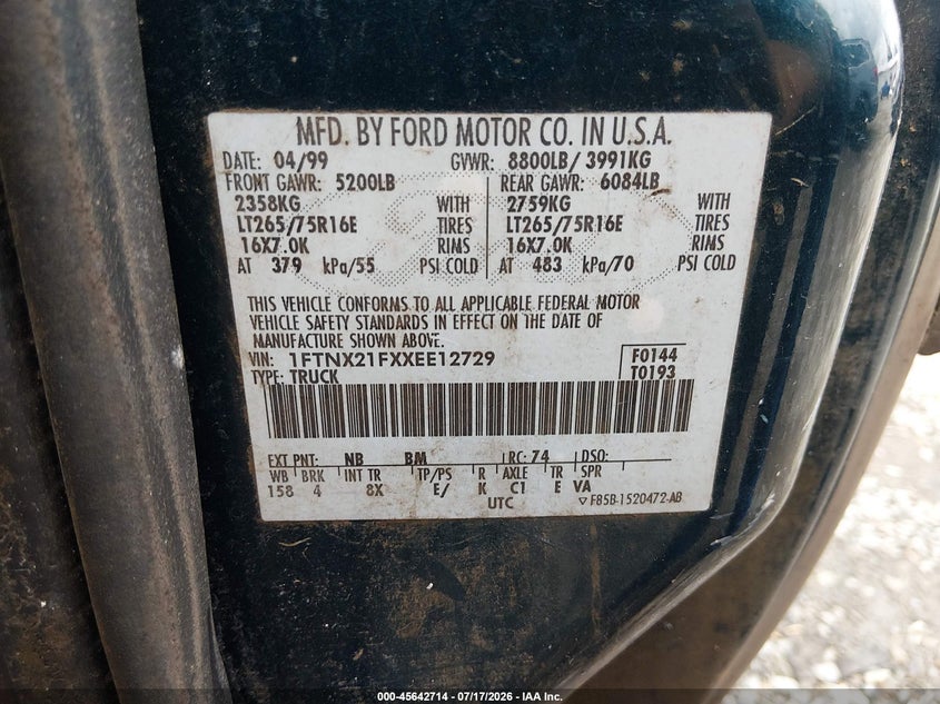 1999 Ford F-250 Lariat/Xl/Xlt VIN: 1FTNX21FXXEE12729 Lot: 45642714
