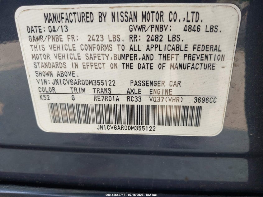 2013 Infiniti G37X VIN: JN1CV6AR0DM355122 Lot: 45642718