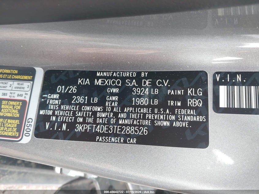 2026 Kia K4 Lxs VIN: 3KPFT4DE3TE288526 Lot: 45642722